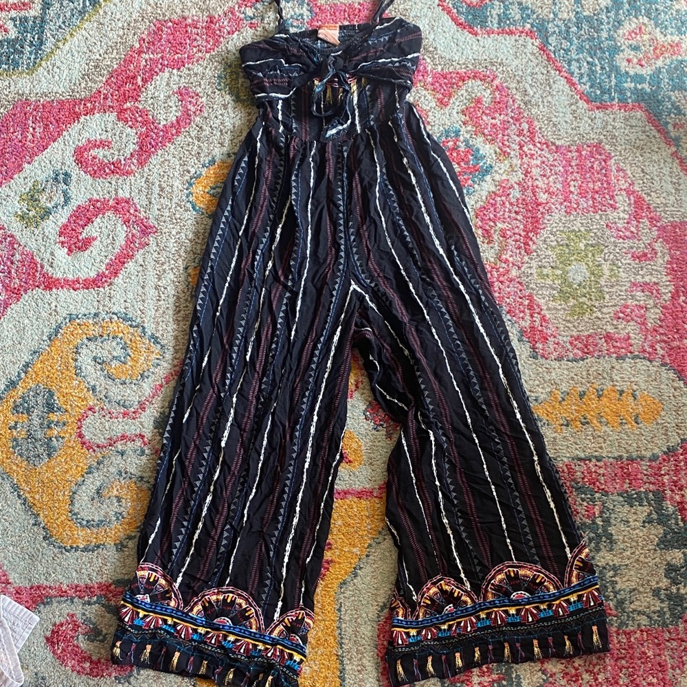 Flying Tomato Black Striped Wide-Leg Jumpsuit with Multicolor Trim